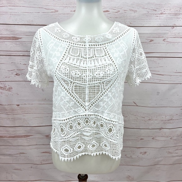 Boho Modcloth White Gauzy Cotton Geometric Guipure Sheer Crochet Lace Crop Top - Picture 1 of 9